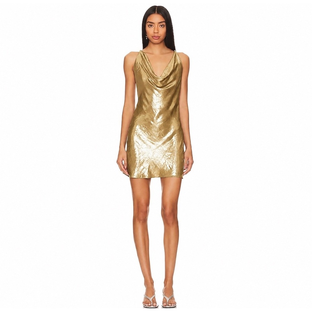 New! My Beachy Side Draped Mini Dress Gold Shimmer Cowl Neck Size Large
